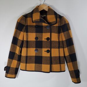 LOFT Yellow Buffalo Plaid Jacket Sz XXSP Crop Lined Wool Blend Double Breasted